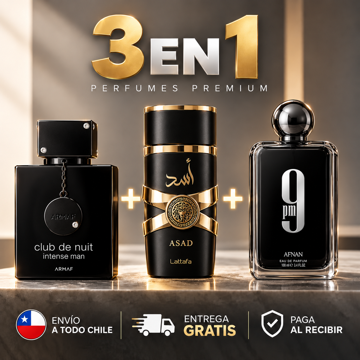 Pack 3x1 Perfumes Hombre | Armaf Club de Nuit Intense + Lattafa Asad + Afnan 9PM 100ml cada uno teste