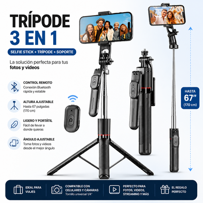 Trípode 3 en 1 para Celular con Control Remoto y Altura Ajustable