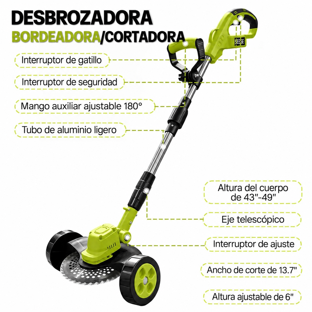 Podadora Inalámbrica para Césped con Ruedas