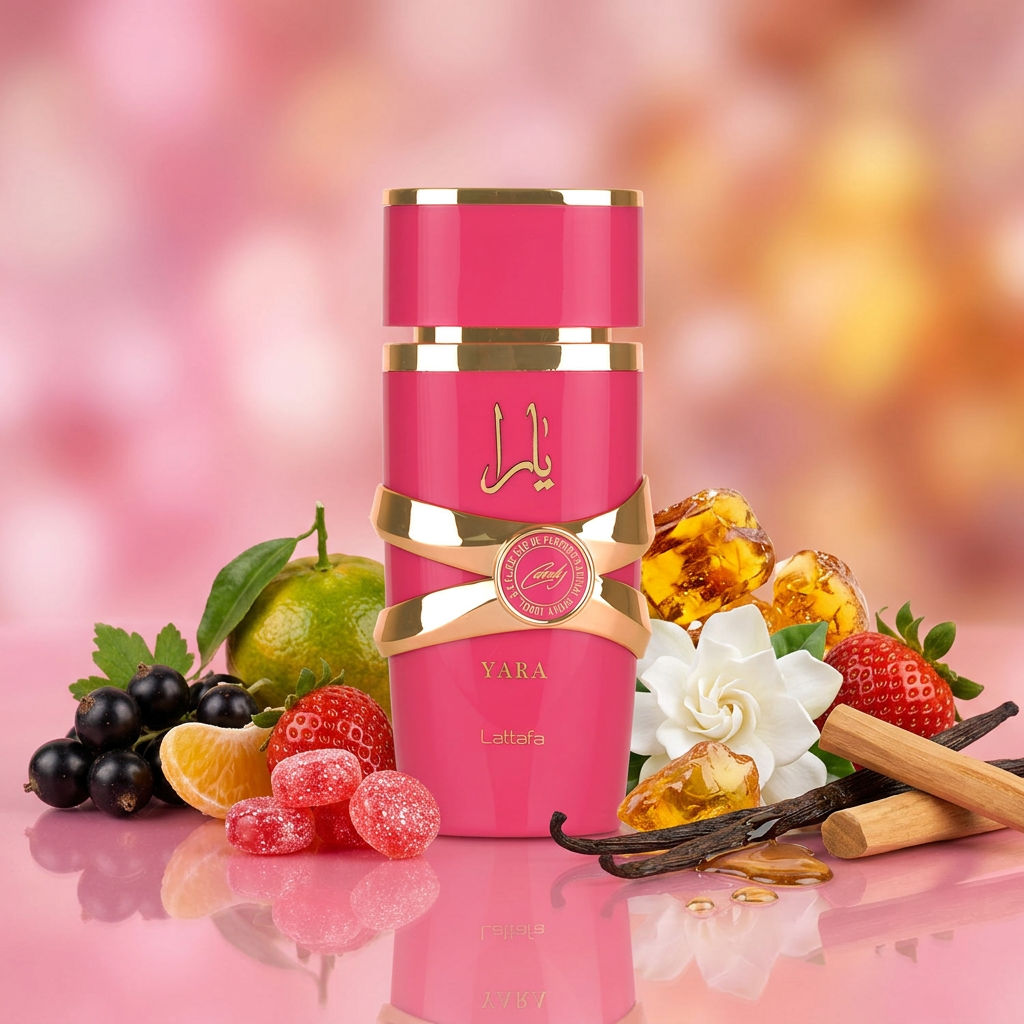 Yara Candy con frutilla, grosella negra, mandarina, gardenia, vainilla y ámbar