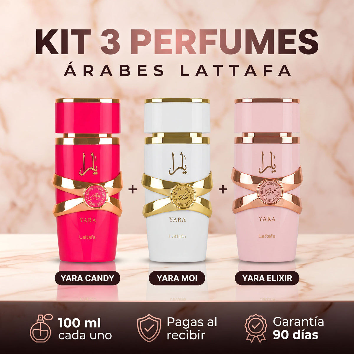 Kit 3 perfumes árabes Lattafa: Yara Candy, Yara Moi y Yara Elixir 100 ml